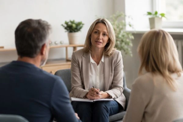 Couple discussing financial arrangement , pensions in divorce Dorset